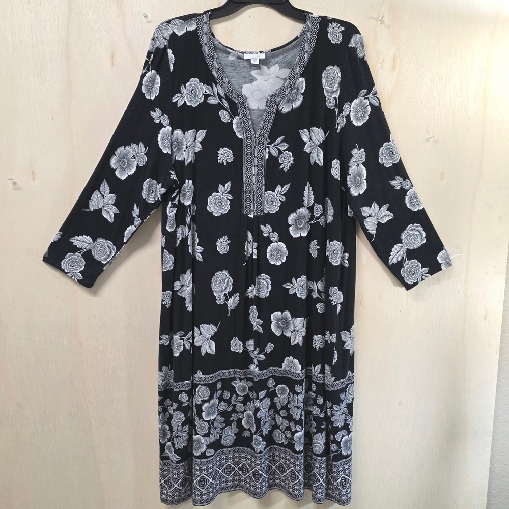 J. Jill Black White Floral Split Neck 3/4 Sleeve A-Line Knit Dress XL Tall